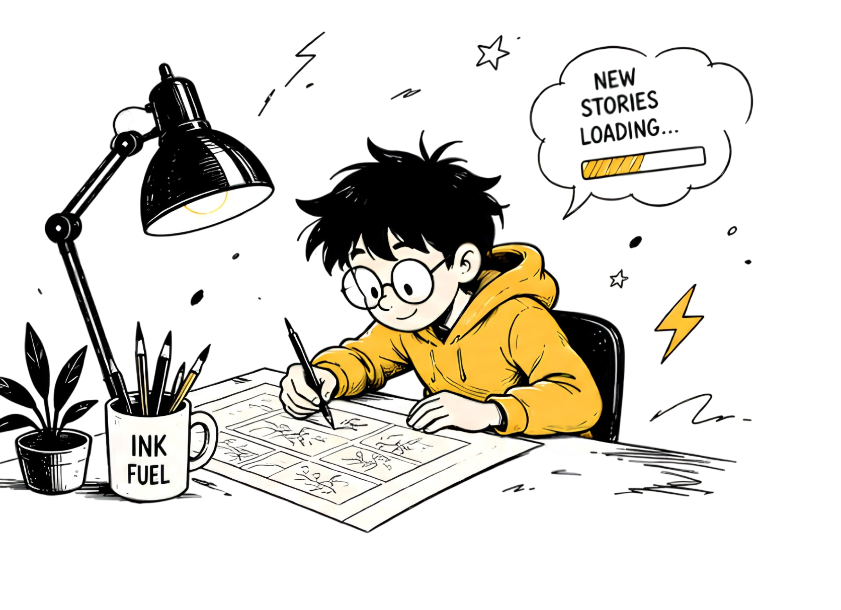 Kid drawing comic illustration